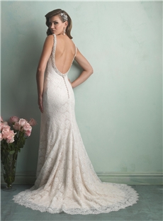 Gorgeous Modern Sheath Flaring Back Straps Sequined Lace Wedding Dress