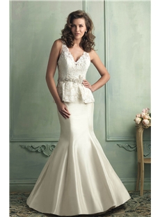 Perfect Stunning Gown Dramatic Back Sweeping Skirt Lace Peplum Bodice Wedding Dress