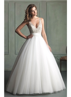 Ethereal Ballgown Beading V Neck Front V Back Net Wedding Dress