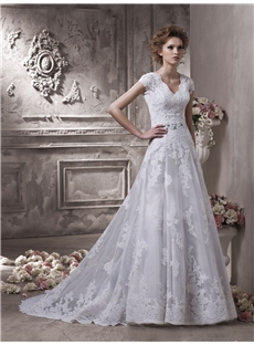Fabulous Princess V Neck Short Sleeve Floor Length Court Lace Wedding Dresses