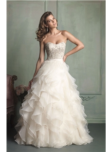 Perfectly Feminine Ball Gown Ruffled Skirt Beading Strapless Organza Wedding Dress