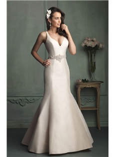 Unique Mermaid Plunging V Neck Cut Out Back Floral Belt Taffeta Wedding Dress