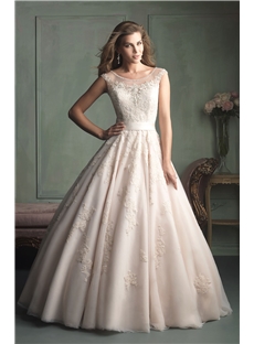 Fantasy Ballgown Slight Cap Sleeves Sheer Illusion Back And Neckline Lace Appliques Wedding Dress