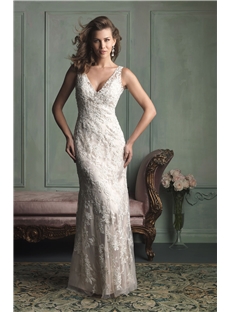 Romantic Sheath Deep V Neckline And Back Striking Trailing Overskirt Lace Appliques Wedding Dress