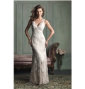 Romantic Sheath Deep V Neckline And Back Striking Trailing Overskirt Lace Appliques Wedding Dress
