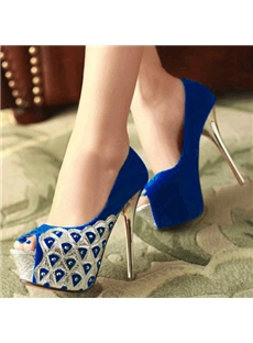 New Arrival Red Peep Toe Heels With Peacock Pattern Platform Heels
