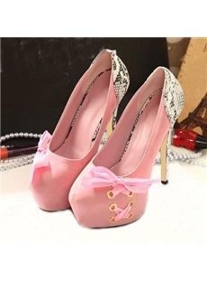 Sweet Matching Color Snakeskin Platform Heels With Bowtie