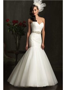 Fashion Soft Mermaid Sweatheart Neck Sleeveless Dropped Waist Ruched Net Wedding Dress