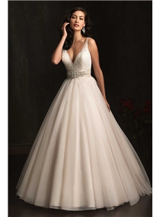 Elegant Ballgown Sheer Illusion Straps V Neck Ruched Beading Waistband Lace Appliques Wedding Dress