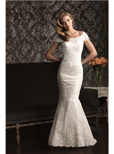Romantic Slim Mermaid Scooped Neckline Off The Shoulder Cap Sleeve V Shaped Back Wedding Dress