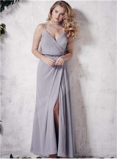 Dramatic Chiffon A Line V Neck Spaghetti Straps Beaded Belt Side Slit Bridesmaid Dress