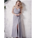 Dramatic Chiffon A Line V Neck Spaghetti Straps Beaded Belt Side Slit Bridesmaid Dress