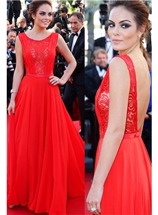 Hot Sale Red Lace And Chiffon Prom Dress Bateau Neck Backless