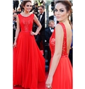 Hot Sale Red Lace And Chiffon Prom Dress Bateau Neck Backless