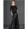 Long Pleat Black Evening Dresses Prom Gown Three Quarter Taffeta Boat Neck