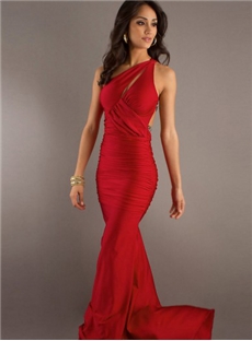 One Shoulder Trumpet Mermaid Ruffles Sleeveless Sweep Brush Train Elastic Woven Satin Dress