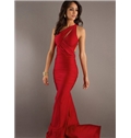 One Shoulder Trumpet Mermaid Ruffles Sleeveless Sweep Brush Train Elastic Woven Satin Dress