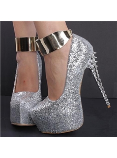 Silver Glitter Platform Ankle Strap Platform Heels With Rivets