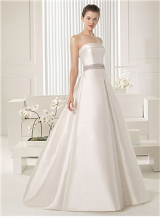 New Arrival Modest Ball Gown Strapless Satin Wedding Dress With Beads At Waist