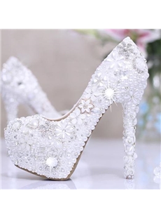 Luxurious Diamond Flowers White Pearl Closed Toe Stiletto Heel Wedding Shoes