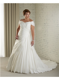 Delicate A-Line Off-the-Shoulder Chapel Pleats Plus Size Wedding Dress