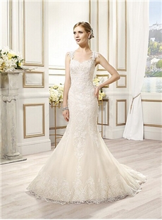 New Arrival Mermaid Embroidered Applique Straps Soft Sweetheart Neck Illusion Back Wedding Dress
