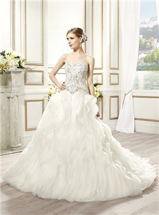 New Arrival Layers Of Organza Ballgown Silver Embroidered Soft Sweetheart Neck Curved Open Back Wedding Dress