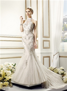 Fancy Re Embroidered Lace Appliques Halter Neck Wedding Dress