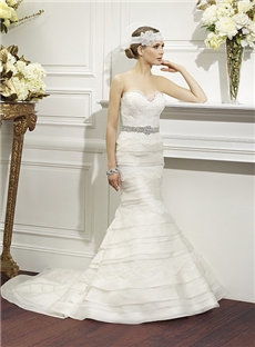 Plain Pleated Layers Of Hem Lace Beaded Sash Sweetheart Neckline Wedding Dress