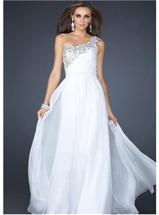 A Line Princess One Shoulder Beading Floor Length Prom Dress