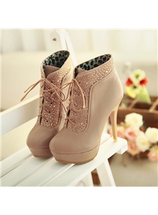 Chic Lace Up High Heels Boots With Rhinestone