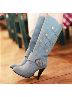 Chic Denim Low Heel Knee High Boots With Buckle