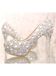 Luxurious Closed Toe Stiletto Heel Silver Crystal Wedding Shoes