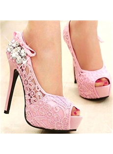 Graceful Rhinestone Net Peep Toe High Heels