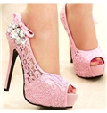 Graceful Rhinestone Net Peep Toe High Heels