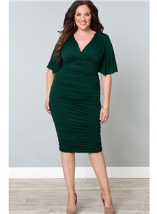 Plus Size Ruched Sheath Half Sleeves Knee Length Prom Dress