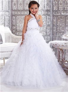 Wholesale White Halter Ball Gowns Bridesmaid Flower Girl Pageant Dress