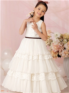 Wholesale A Line Flower Girls Dresses With Sash Tiered Ankle Length