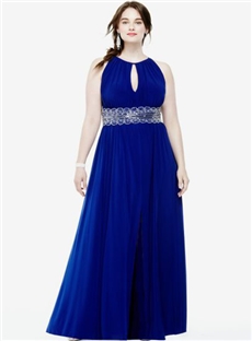 Plus Size Sleeveless Key Hole Beaded Waist Jersey Dress