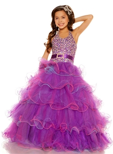 Wholesale Purple Halter Sequined Tiered Tulle Flower Girl Dresses