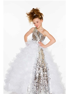 Lovely Sequins Crystal Ruffles A Line Tulle Girls Pageant Flower Girl Dresses One Shoulder