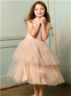 Straps Flower Girl Dresses Tulle Tea Length Champagne Pageant Dresses