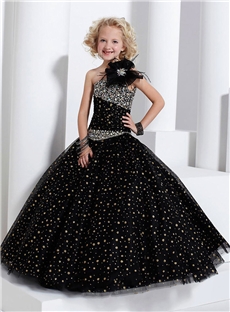Wholesale One Shoulder Black Pageant Dresses Beaded Ball Gown Flower Girl Dress
