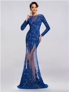 Sexy Tulle Neckline Column Appliques Floor Length Evening Dress