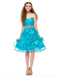 Fashion A Line Sweetheart Tiered Ruffles Beading Knee Length Dress