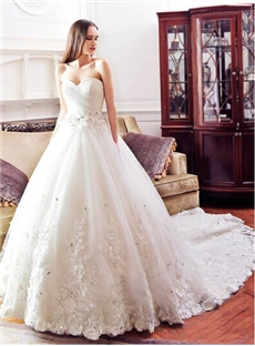 Dramatic Princess Sweetheart Appliques Beading Lacec Up Wedding Dress