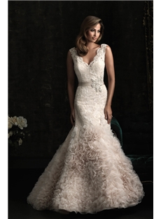 Gorgeous Mermaid Dramatic V Neck Satin Band Beading Wedding Dress