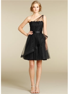 Lace Bodice One Shoulder Tulle Overlay Bridesmaid Dress
