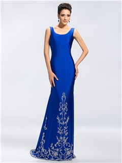 Graceful Scoop Neckline Column Beading Backless Brush Train Long Evening Dress