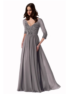 Top Selling V Neck Three Quarter Beaded Chiffon Mother Of The Bride Dress